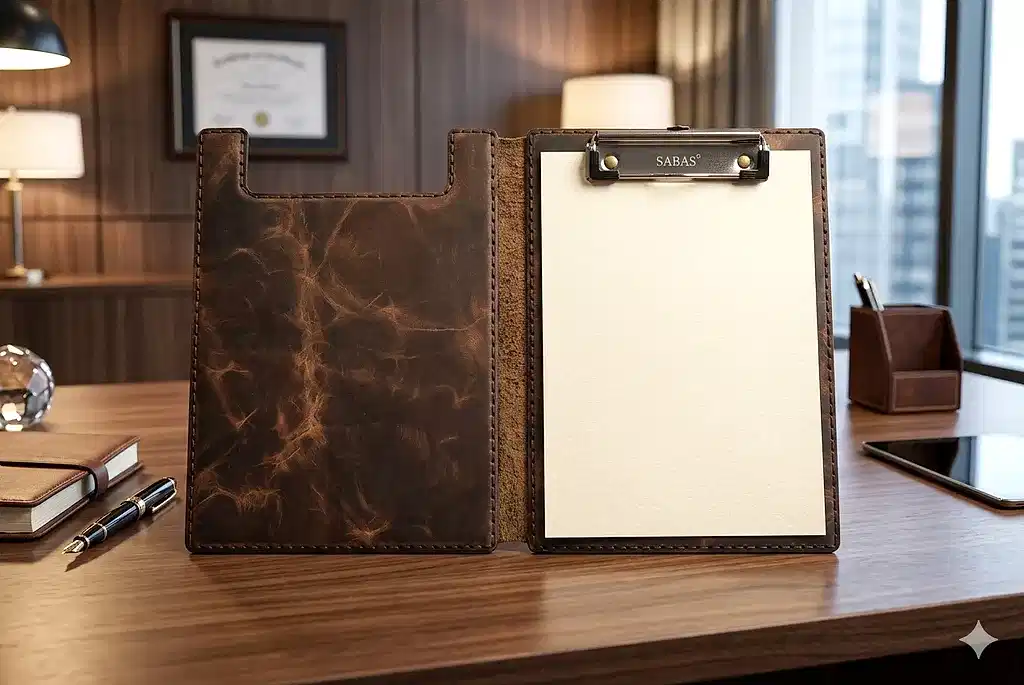 Hakiki Deri El Yapımı A5 Kapaklı Sekreterlik – Ahşap Dolgulu Clipboard, Premium Notluk