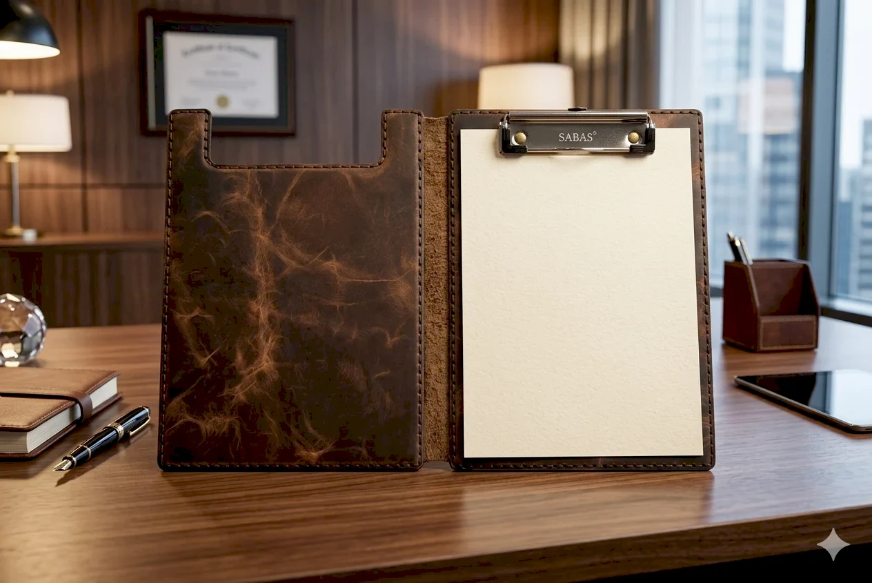 Hakiki Deri El Yapımı A5 Kapaklı Sekreterlik – Ahşap Dolgulu Clipboard, Premium Notluk