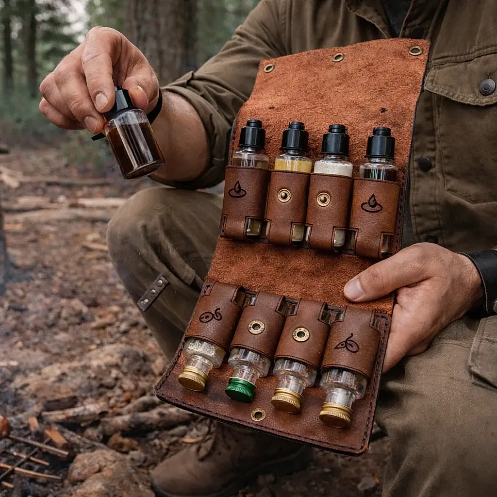 hakiki deri el yapimi baharatlık ve sosluk seti – 8 şişeli deri kamp & piknik baharat ve sos taşıyıcı (outdoor / bushcraft / karaBakı)