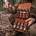 hakiki deri el yapimi baharatlık ve sosluk seti – 8 şişeli deri kamp & piknik baharat ve sos taşıyıcı (outdoor / bushcraft / karaBakı)
