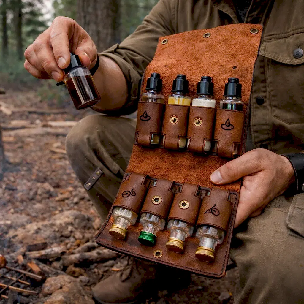 hakiki deri el yapimi baharatlık ve sosluk seti – 8 şişeli deri kamp & piknik baharat ve sos taşıyıcı (outdoor / bushcraft / karaBakı)