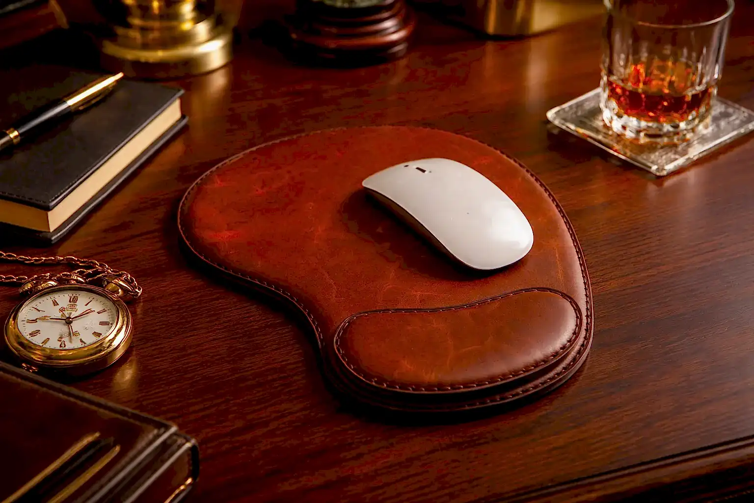 Hakiki Deri Mousepad Oval Bilek Destekli El Dikişi