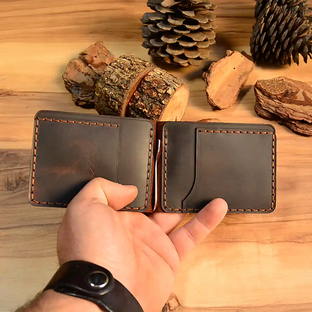 hakiki deri el yapimi rodos klipsli bifold deri cüzdan